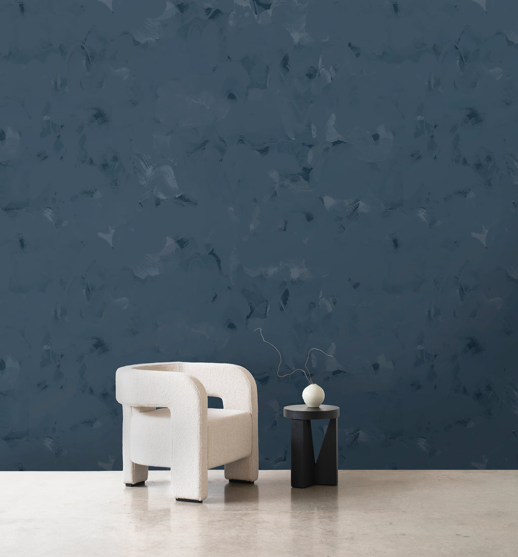 Dreamer wallpaper by Emma Hayes in Midnight, deep navy-blue painterly brushstrokes with a brushed metallic sheen