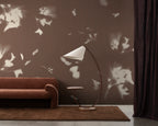 Drift wallpaper by Emma Hayes in Umber styled in a warm contemporary living room — hero lifestyle shot