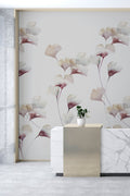 Gingko Mural wall mural by Emma Hayes, watercolour ginkgo leaves in grape burgundy and cream on a soft grey ground in a marble-counter room