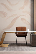 Waterworld wall mural by Emma Hayes in bare blush and cream brushstrokes, styled in a study behind a white desk and tan chair