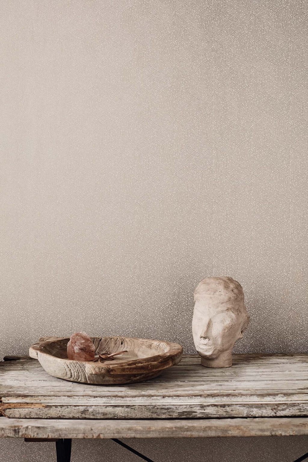 Escher wallpaper by Romo in Beige, styled room shot
