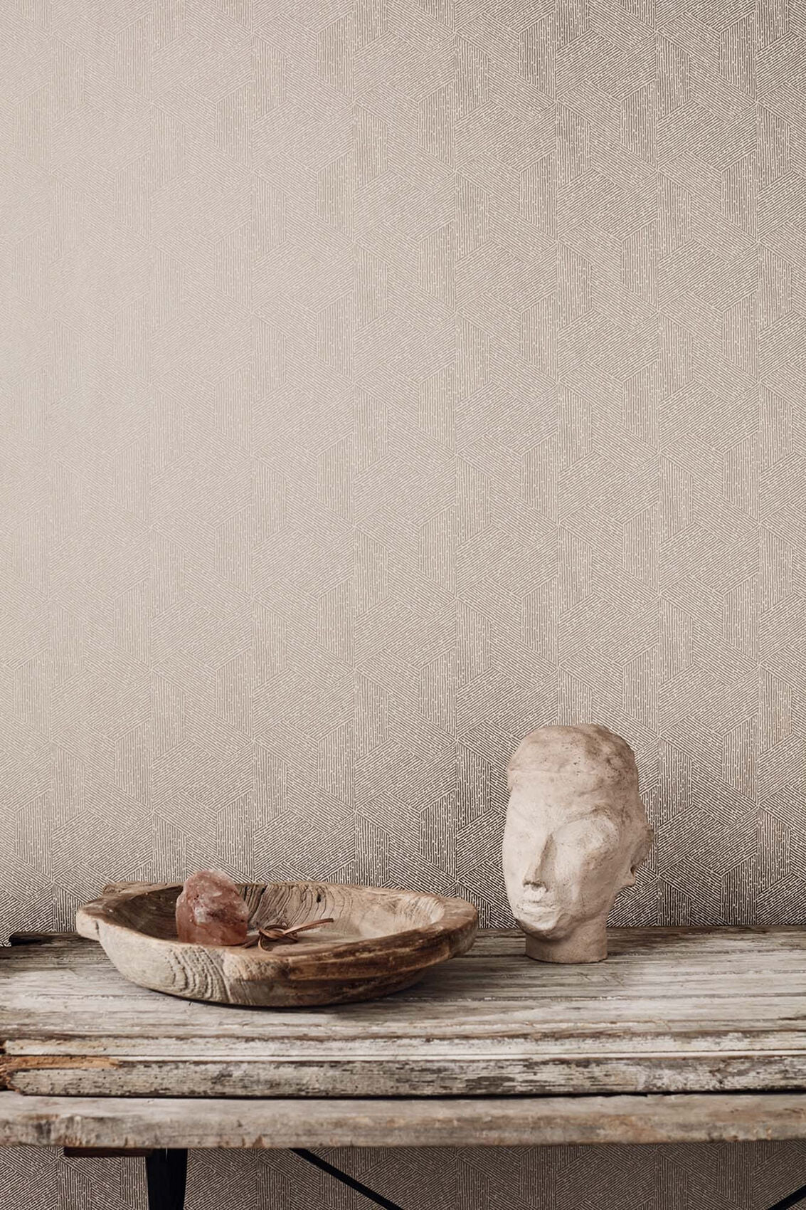 Escher wallpaper by Romo in Beige, styled room shot
