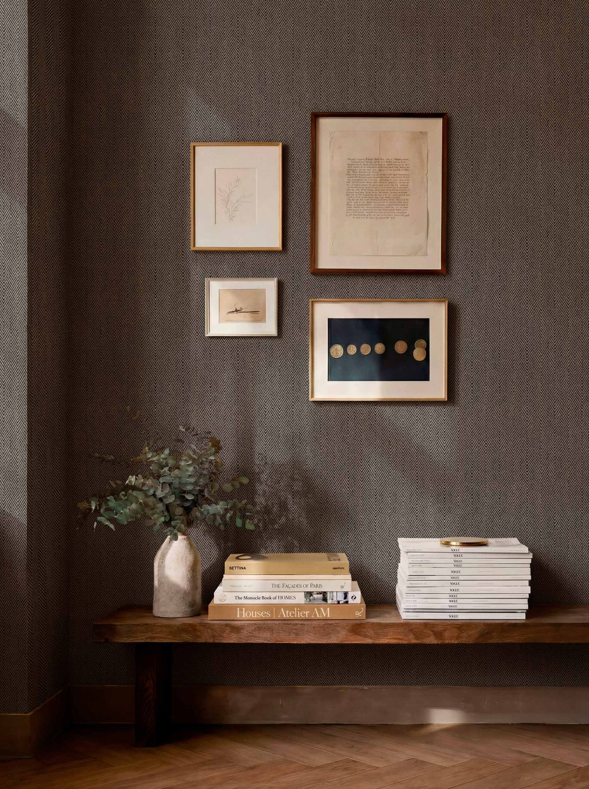 Espiguilla wallpaper by Coordonné in Brown, styled room