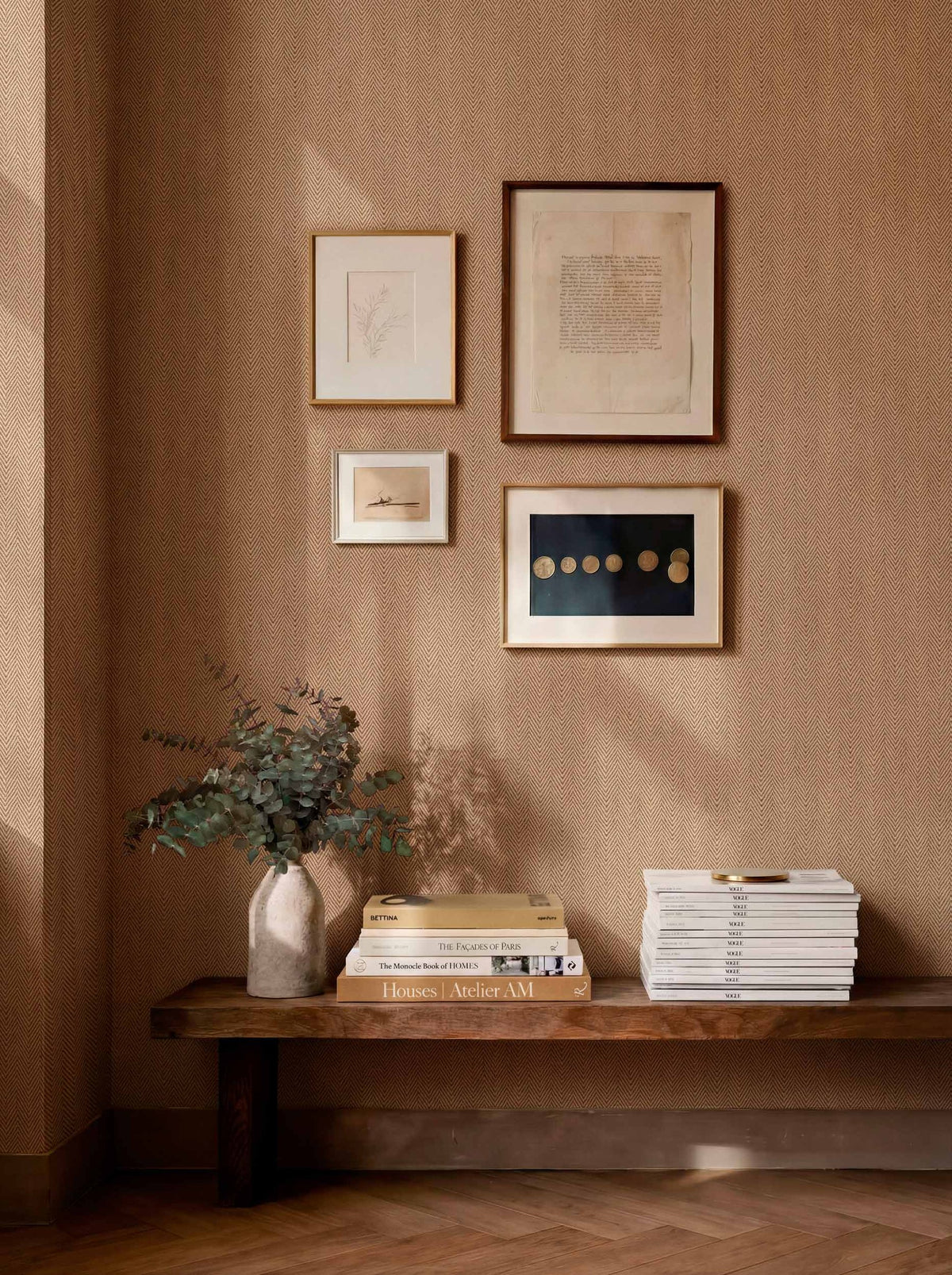 Espiguilla wallpaper by Coordonné in Light Brown, styled room