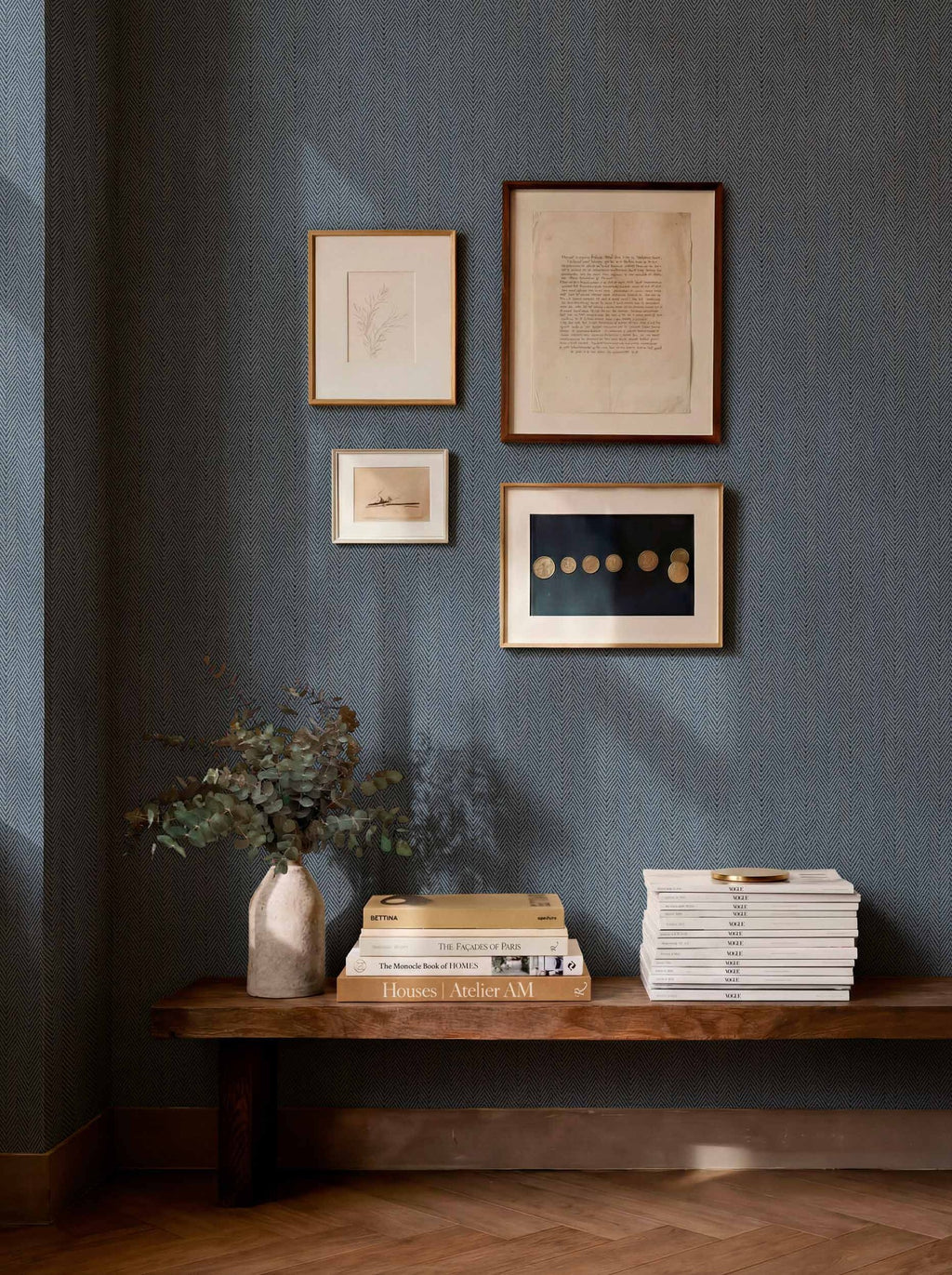 Espiguilla wallpaper by Coordonné in Blue, styled room