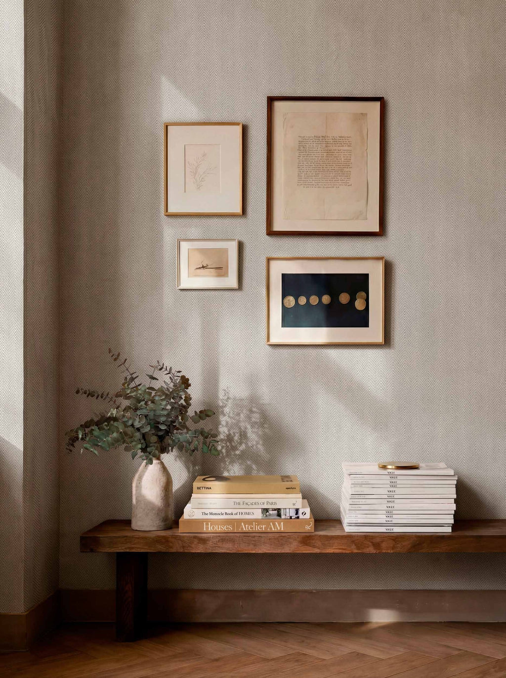 Espiguilla wallpaper by Coordonné in Grey, styled room