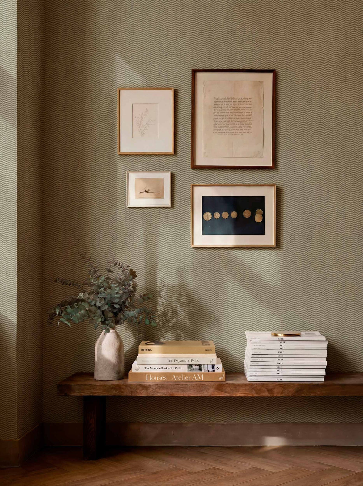 Espiguilla wallpaper by Coordonné in Sage Green, styled room