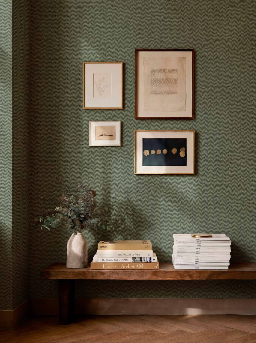 Espiguilla wallpaper by Coordonné in Green, styled room