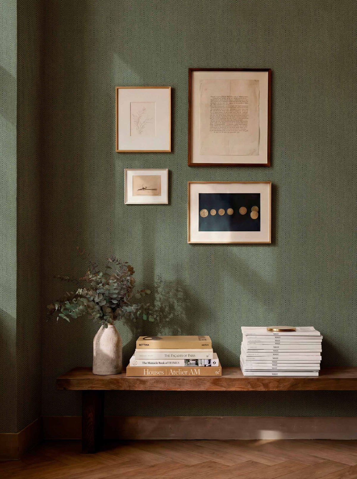 Espiguilla wallpaper by Coordonné in Green, styled room