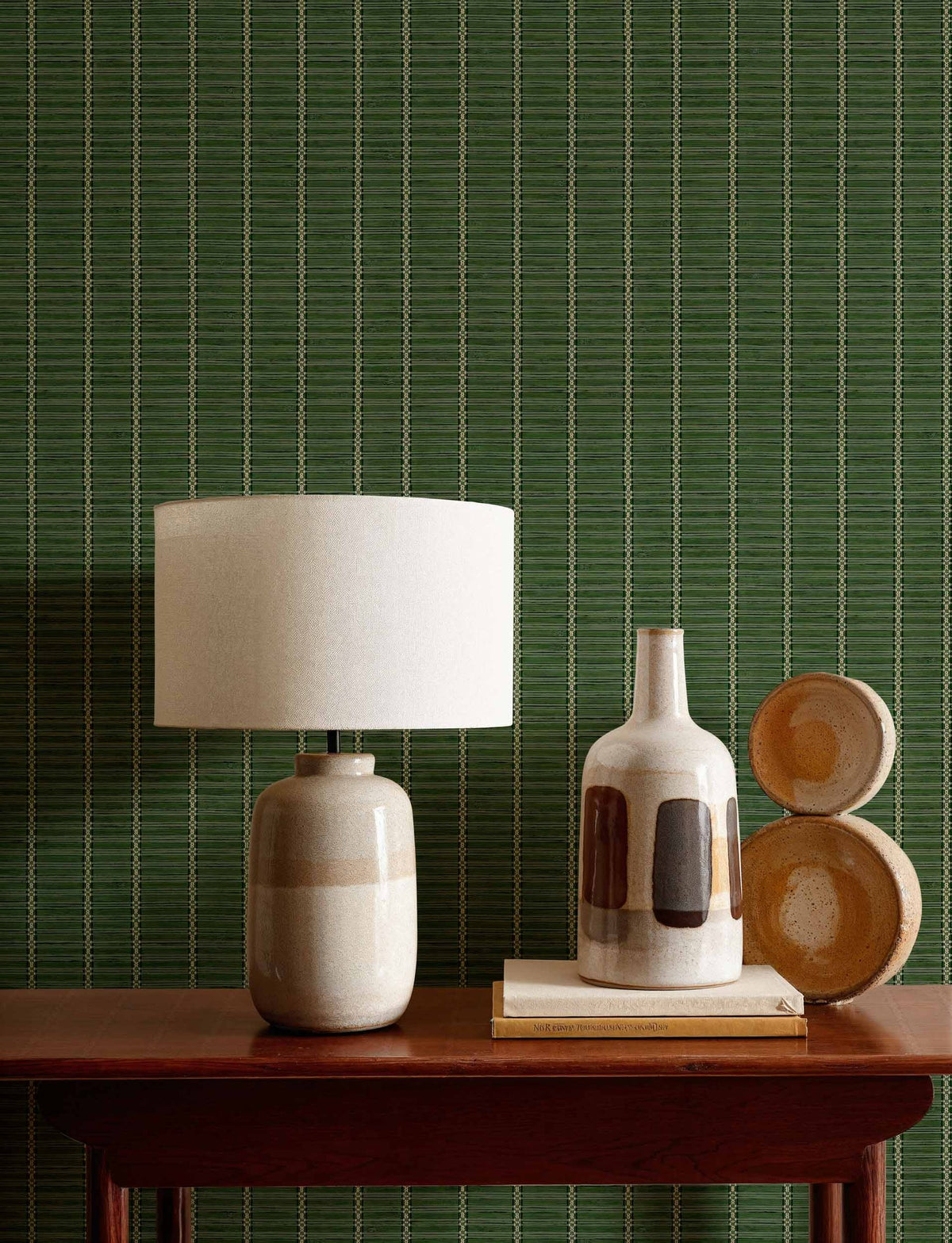 Estera wallpaper by Coordonné in Green, styled room