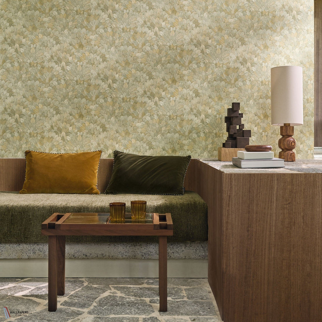 Feijoa wallpaper by Casamance in Green – Almond, styled room shot