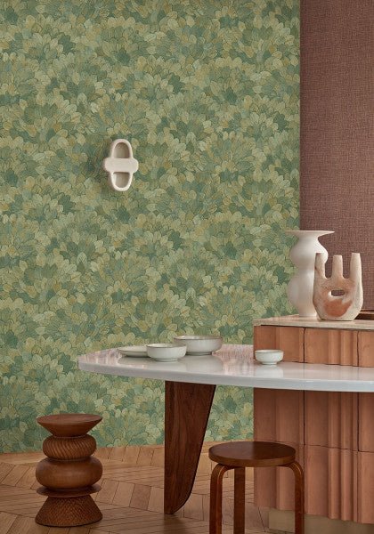 Feijoa wallpaper by Casamance in Green – Cypress, styled room shot