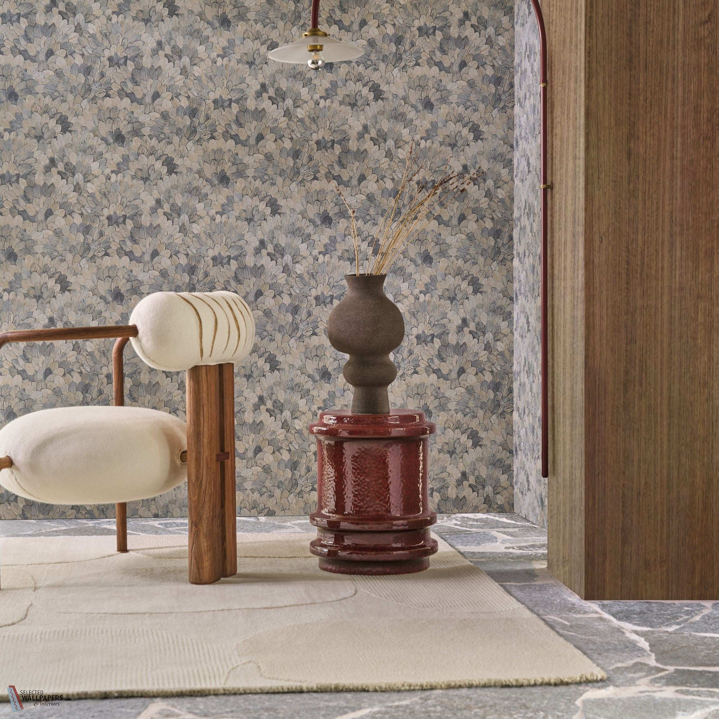Feijoa wallpaper by Casamance in Grey – Storm, styled room shot