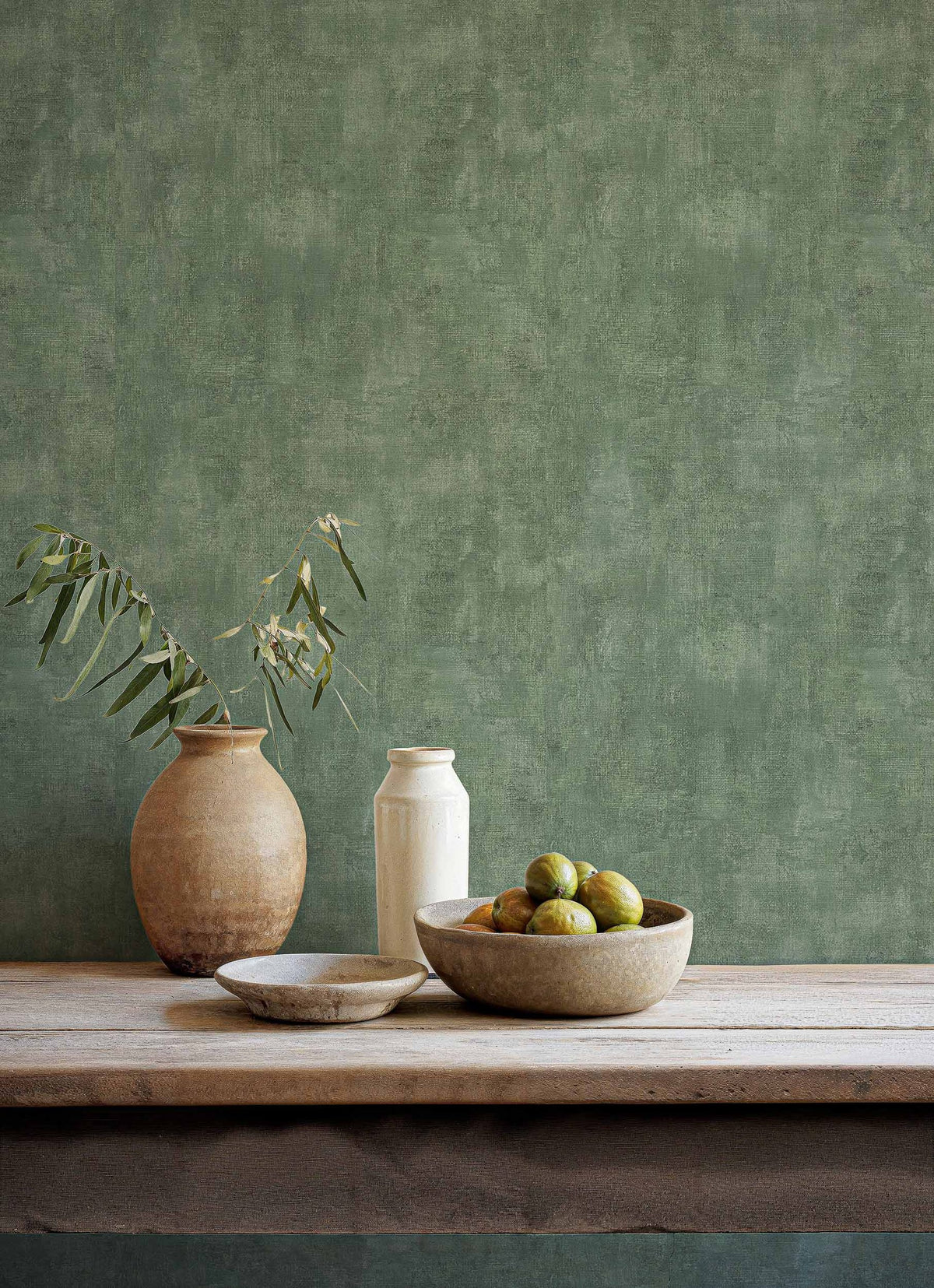 Fibras wallpaper by Coordonné in Sage Green, styled room