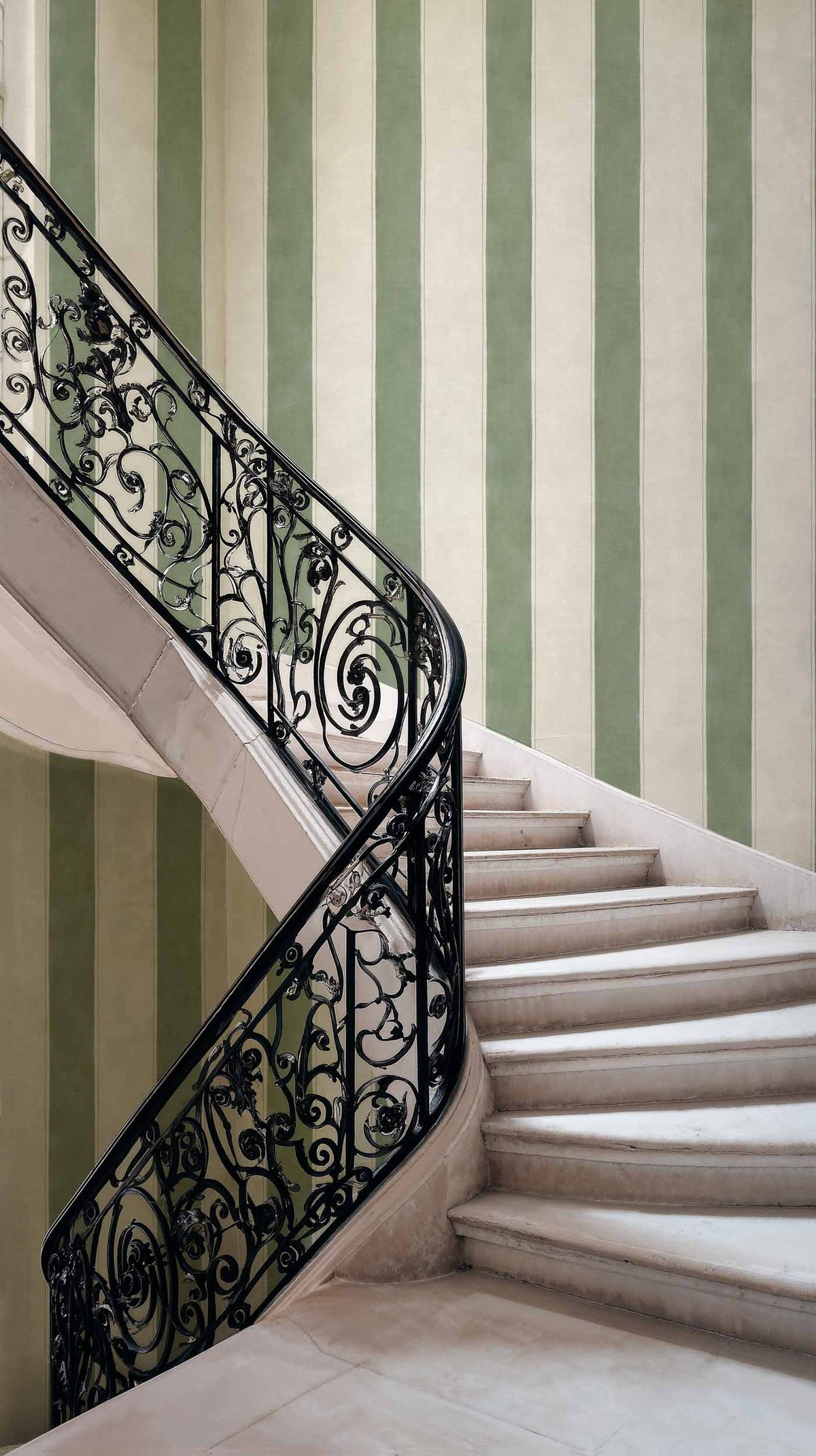 Florentine Stripe wallpaper by Coordonné in Green – Sage, styled room