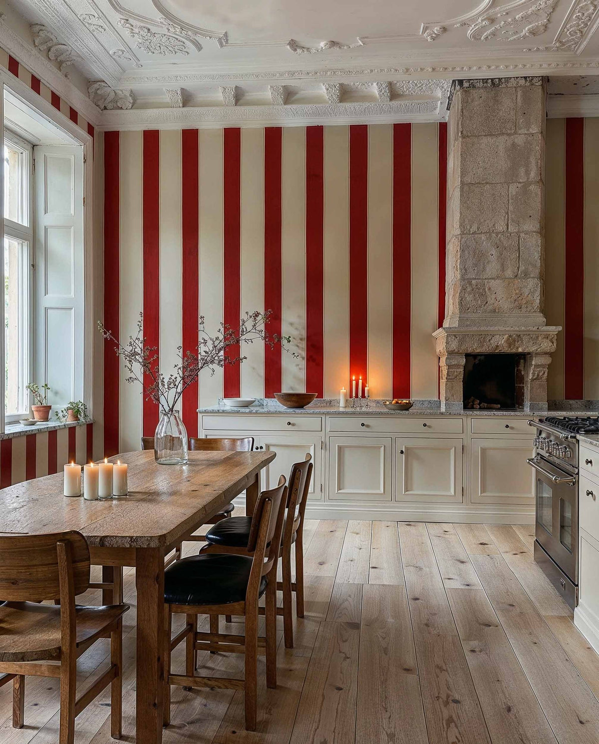 Florentine Stripe wallpaper by Coordonné in Red, styled room