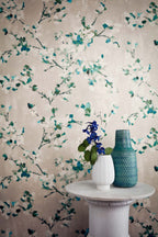 Floris wallpaper by Romo in Teal, styled room shot
