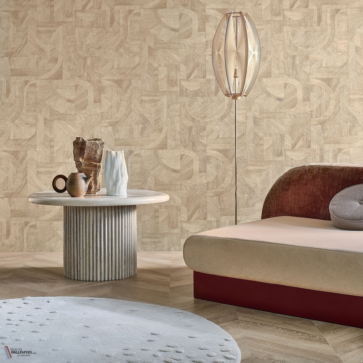 Intarsia wallpaper by Casamance in Beige – Travertine, styled room shot