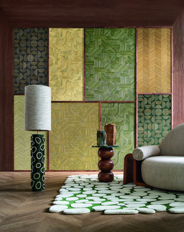 Intarsia wallpaper by Casamance in Green – Khaki, styled room shot
