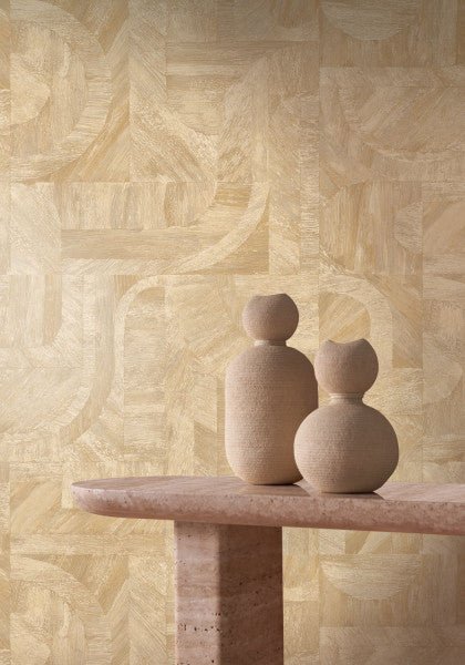Intarsia wallpaper by Casamance in Yellow – Straw, styled room shot