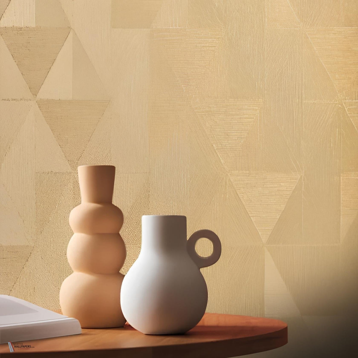 Iquira wallpaper by Casamance in Gold, styled room shot