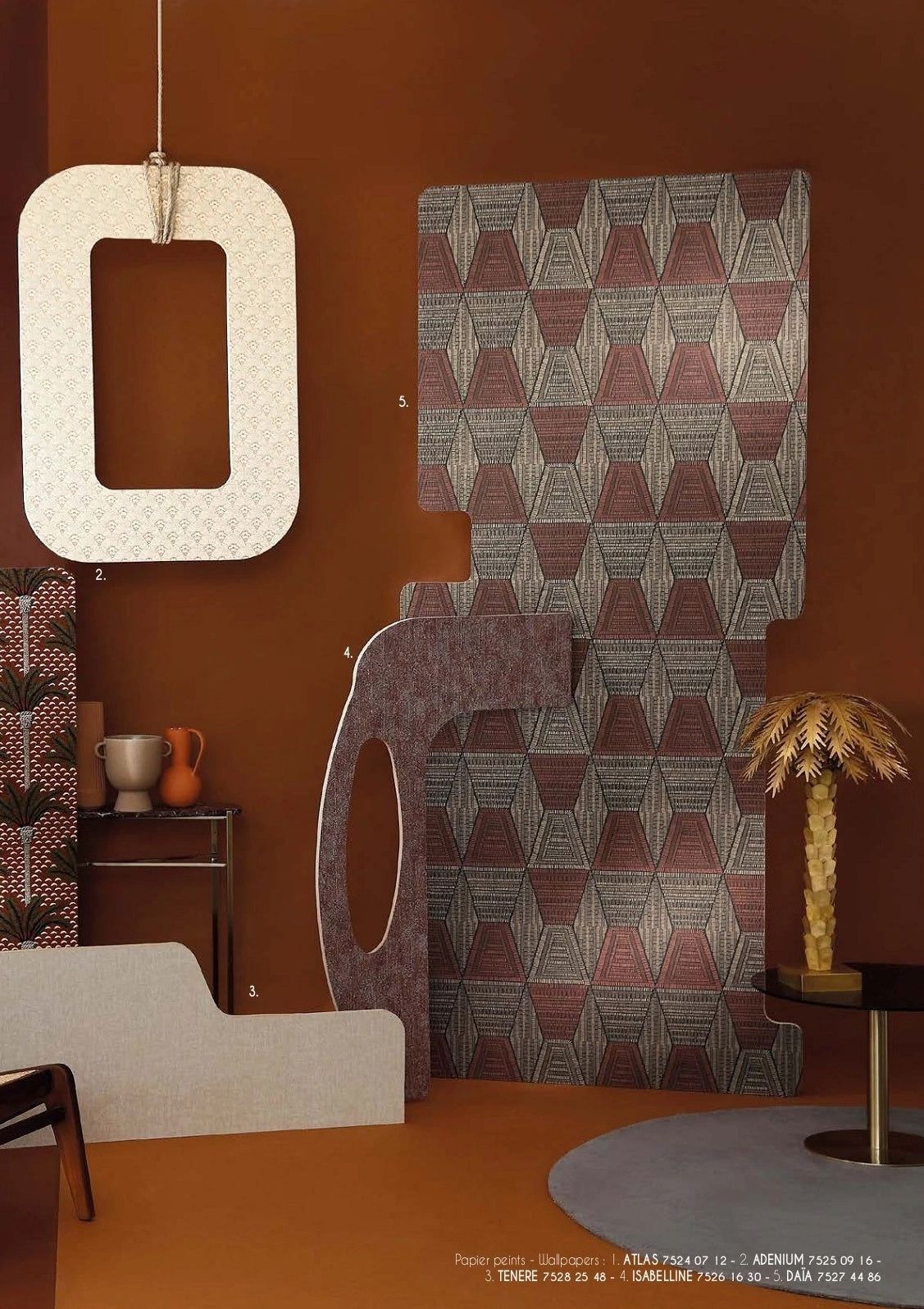 Isabelline wallpaper by Casamance in Orange – Rust, styled room shot