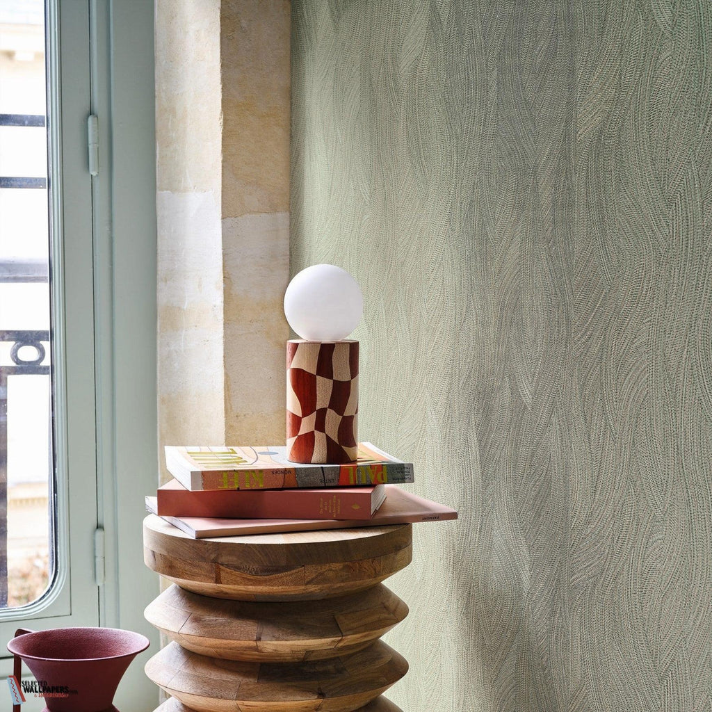 Jassine wallpaper by Casamance in Green – Cypress, styled room shot