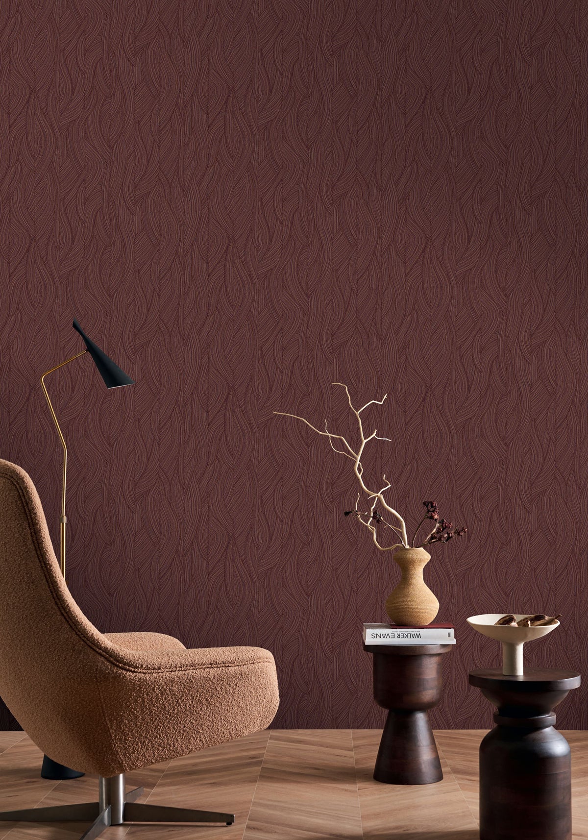 Jassine wallpaper by Casamance in Purple – Plum, styled room shot