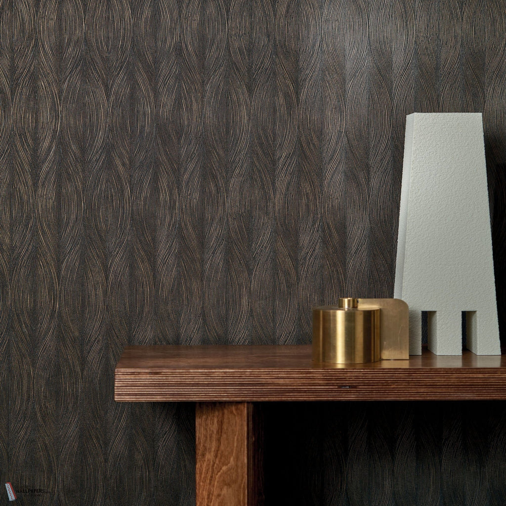 Keramos wallpaper by Casamance in Black – Ebony & Gold, styled room shot