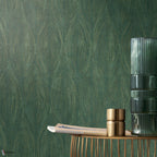 Keramos wallpaper by Casamance in Green – Cypress & Gold, styled room shot