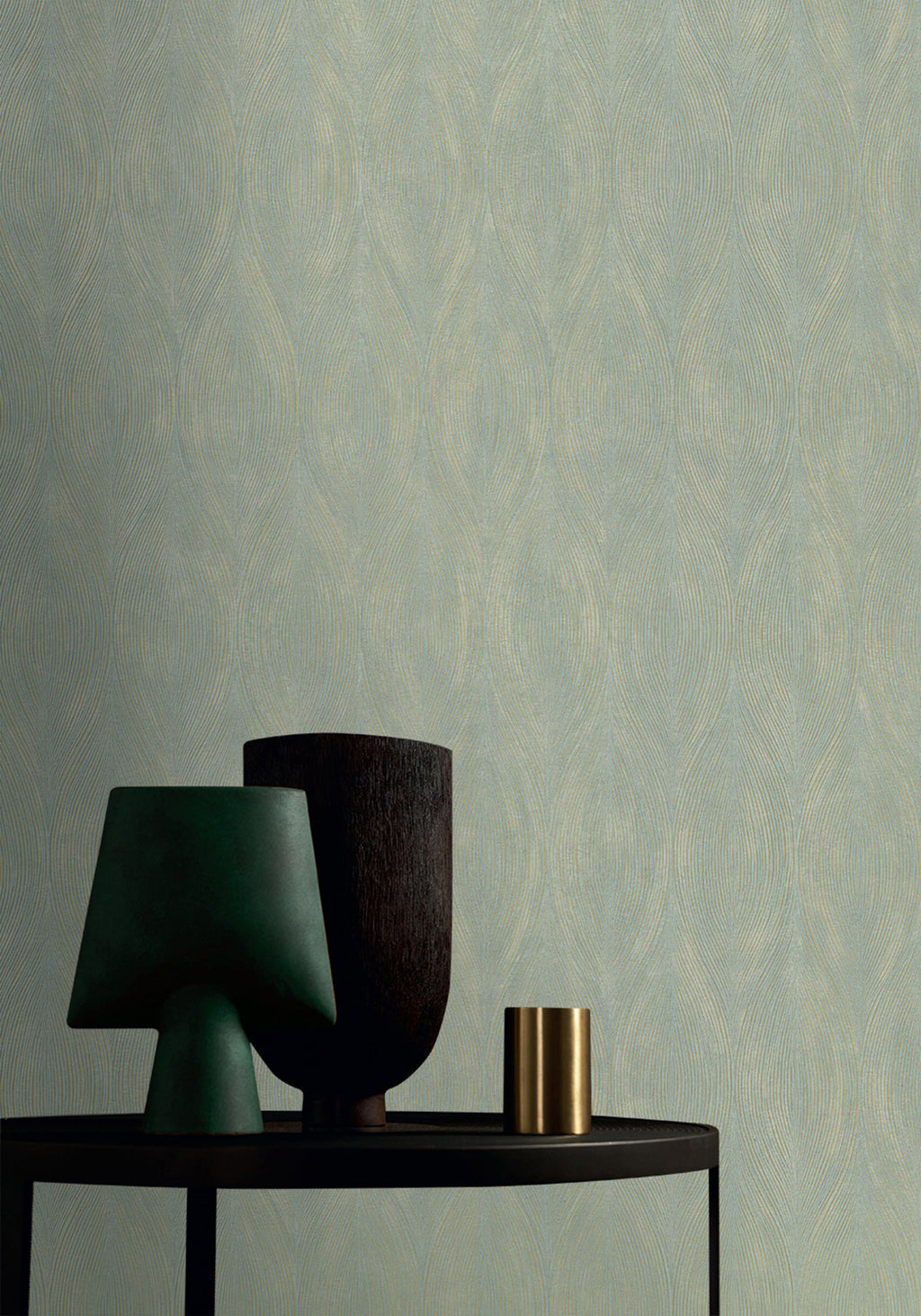 Keramos wallpaper by Casamance in White – Opaline & Gold, styled room shot