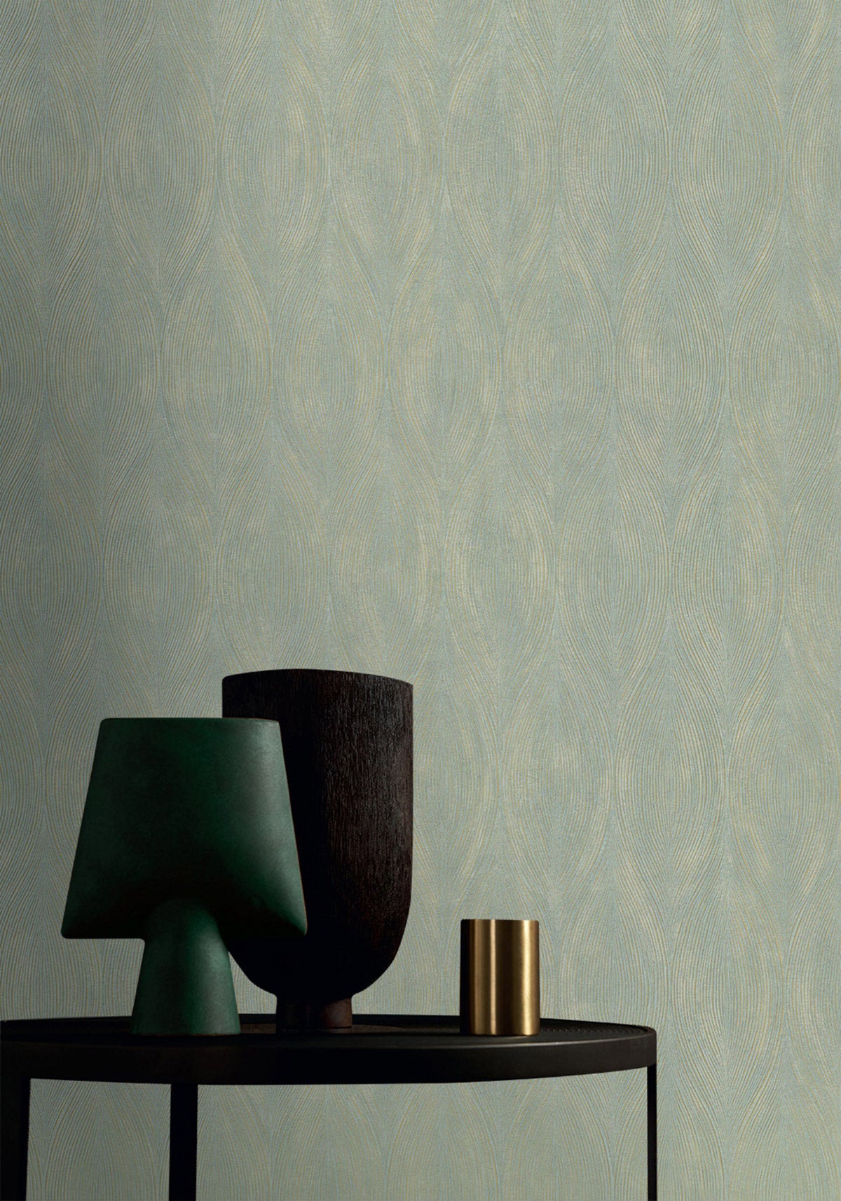 Keramos wallpaper by Casamance in White – Opaline & Gold, styled room shot
