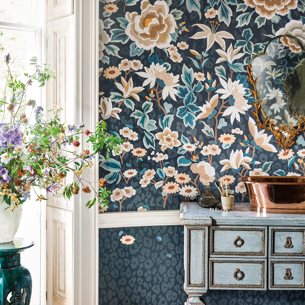 Lavinia Mural wallpaper by Romo in Blue, styled room shot 2