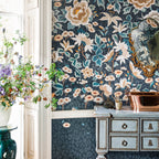 Lavinia Mural wallpaper by Romo in Blue, styled room shot 2