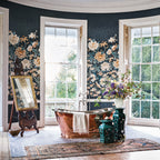 Lavinia Mural wallpaper by Romo in Blue, styled room shot