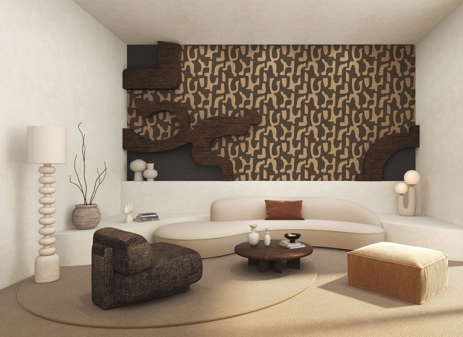 Seran wallpaper by Casamance in bronze, an abstract interlocking design styled on a panelled wall above a curved cream sofa