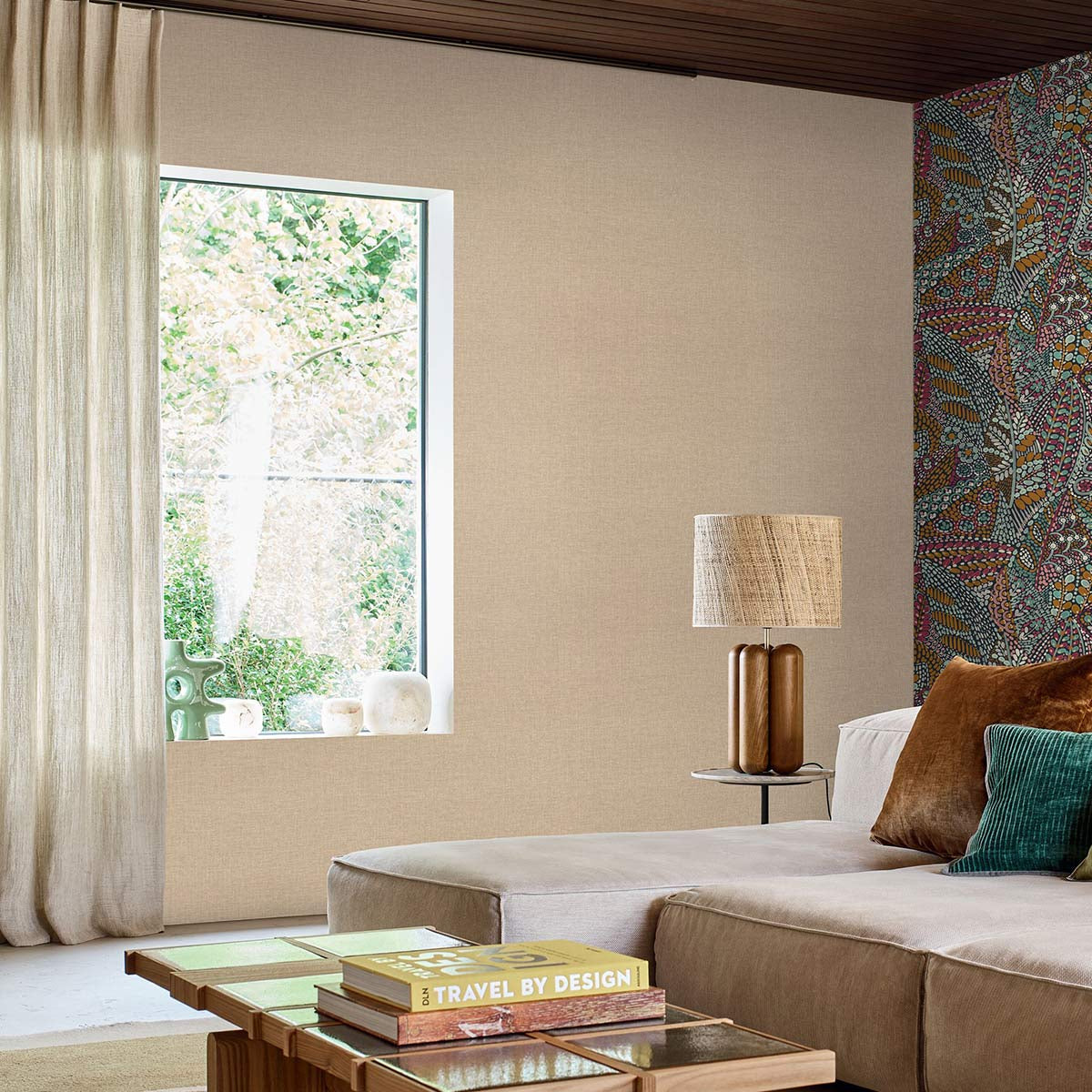 Lienzo wallpaper by Casamance in Green – Cactus, styled room shot