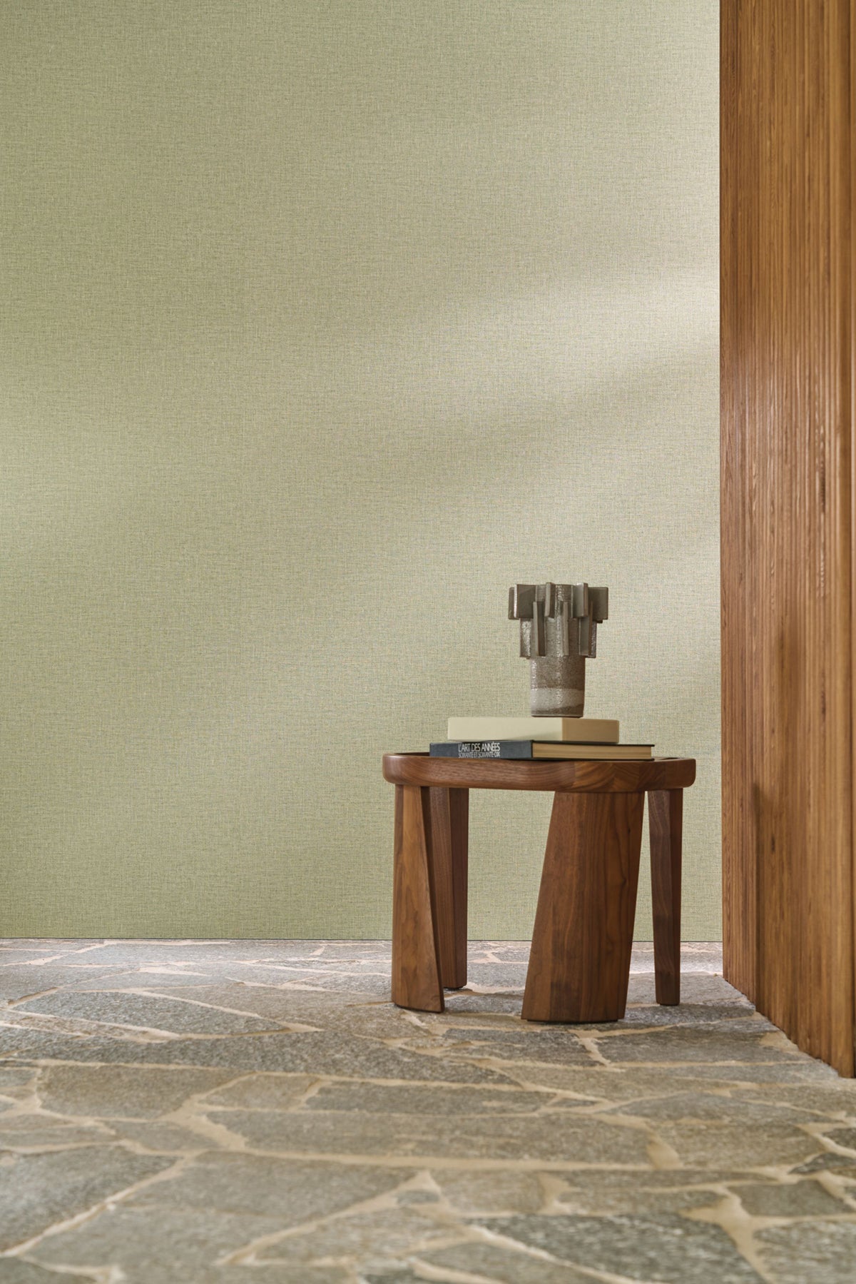 Lina wallpaper by Casamance in Green – Eucalyptus, styled room shot