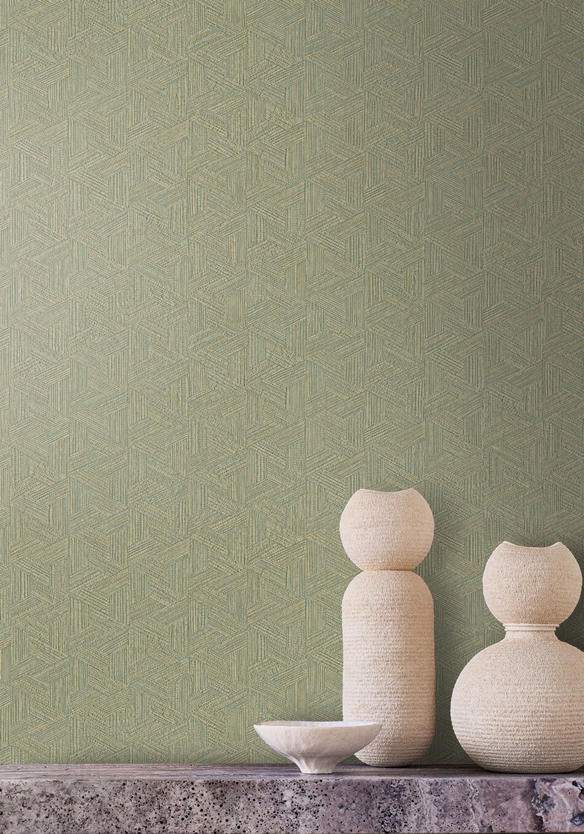 Lindu wallpaper by Casamance in Green – Khaki, styled room shot