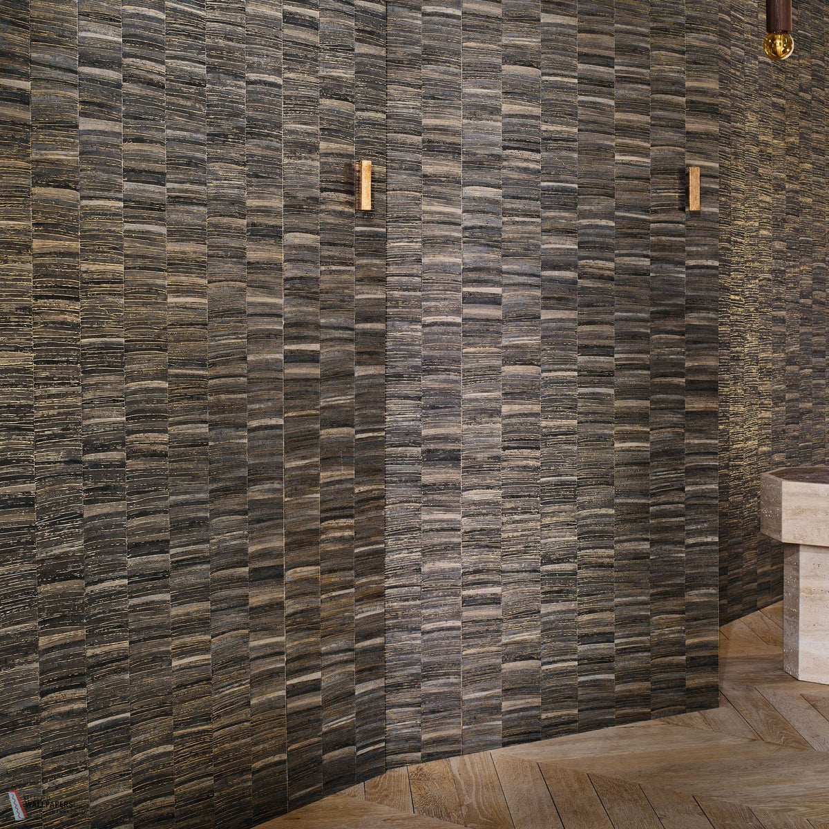 Lirio wallpaper by Casamance in Grey – Charcoal & Gold, styled room shot