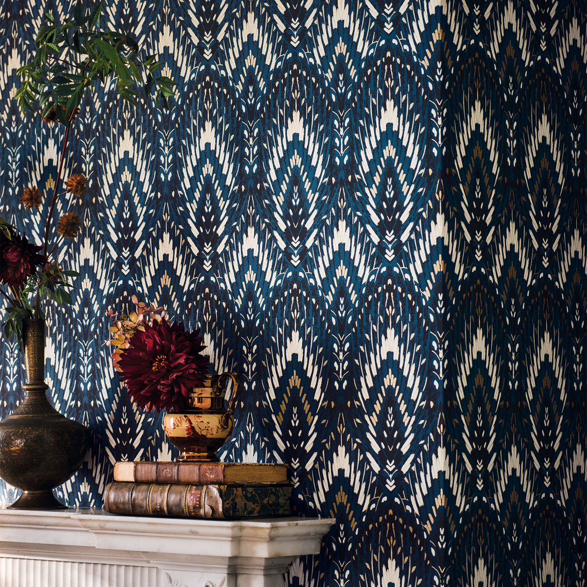 Lolana wallpaper by Romo in Blue, styled room shot