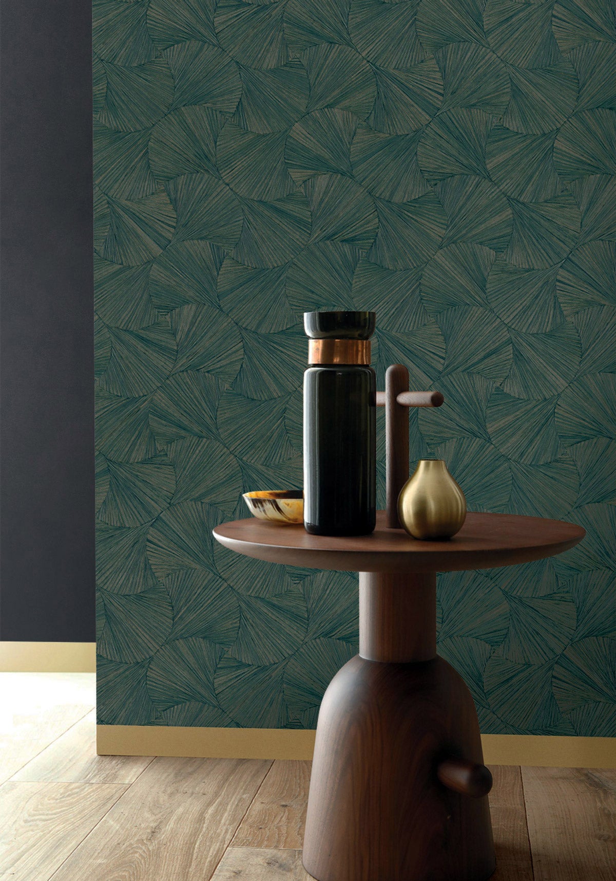 Lombok wallpaper by Casamance in Green – Emerald, styled room shot