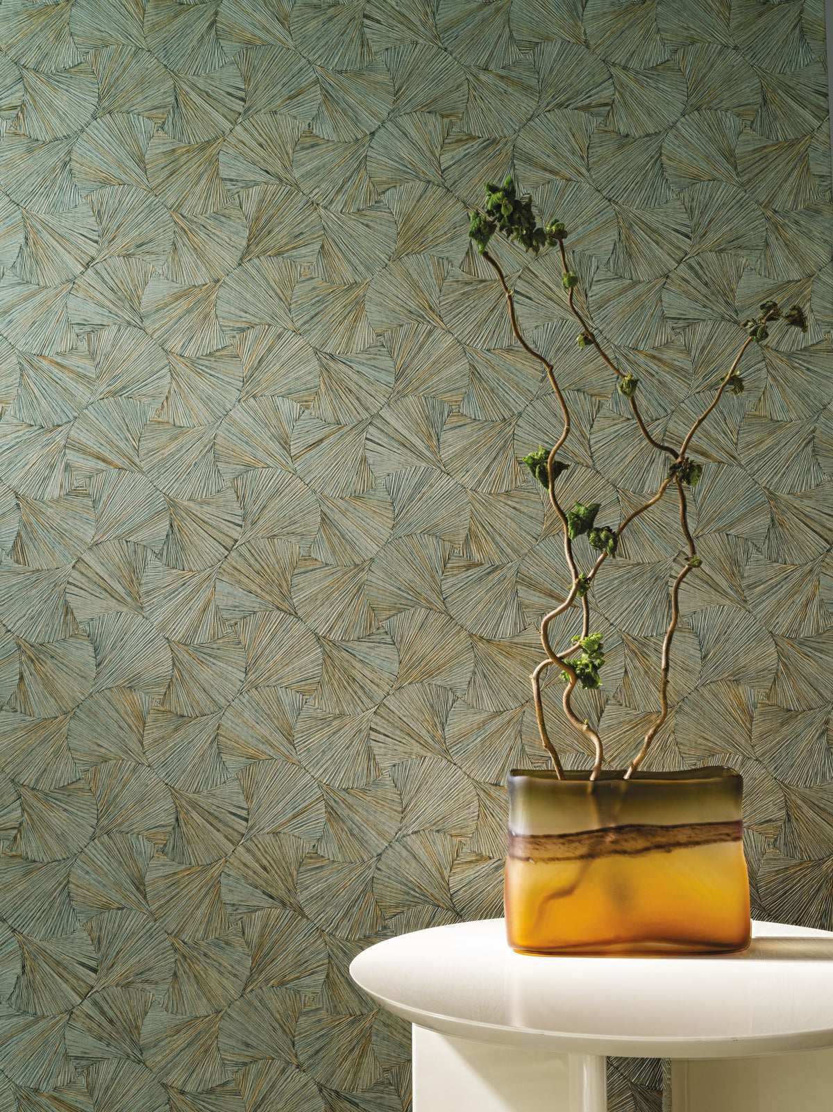 Lombok wallpaper by Casamance in Green – Verdigris, styled room shot