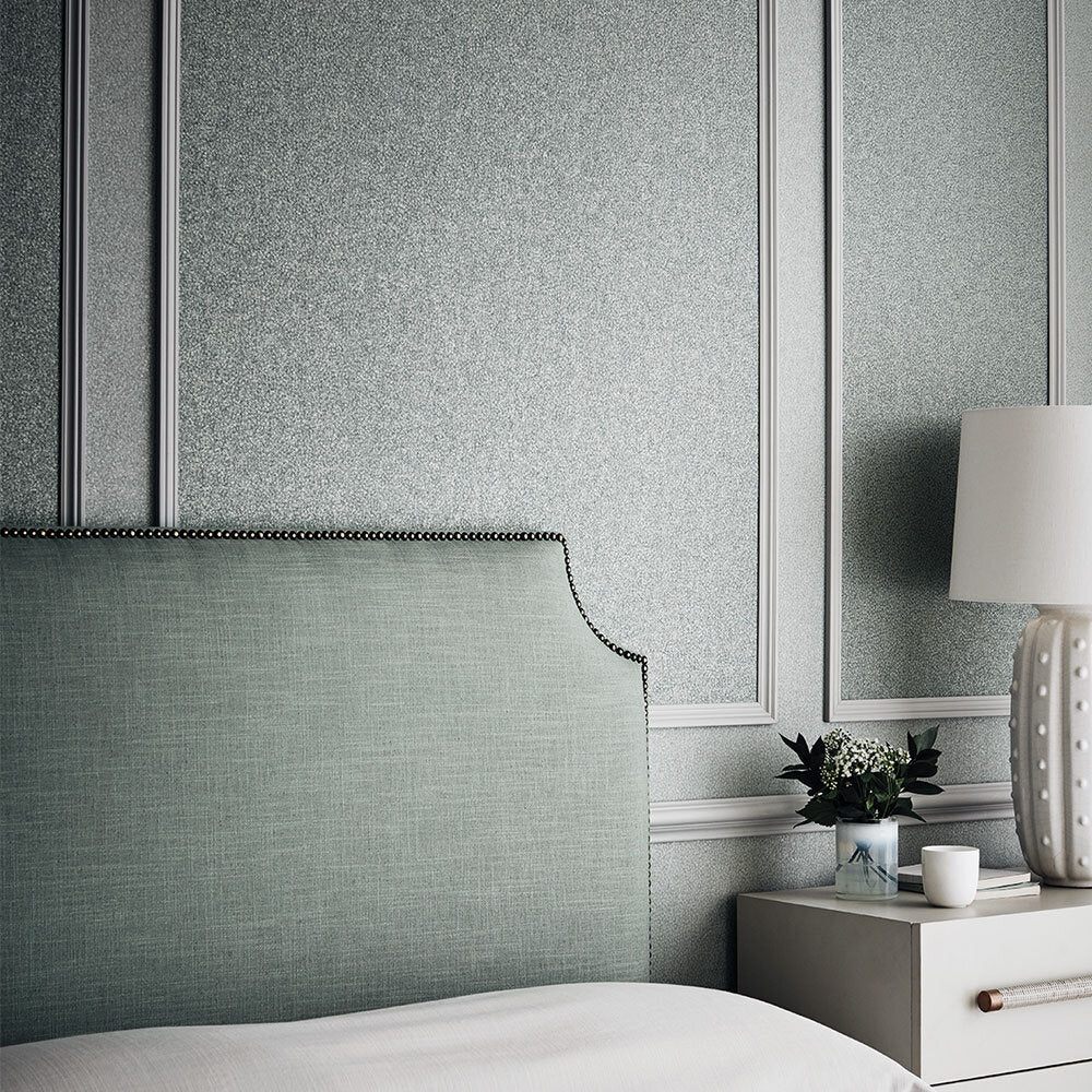 Lyra wallpaper by Romo in Teal, styled room shot