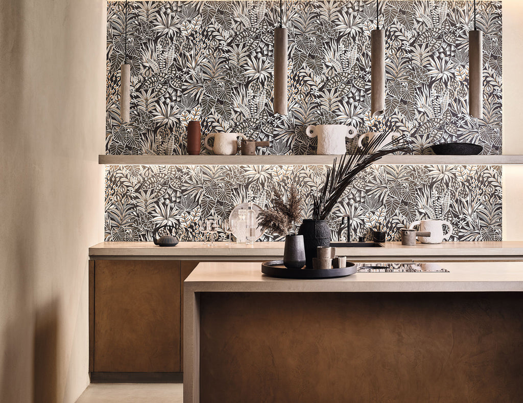 Madhuca wallpaper by Casamance in Black, styled room shot