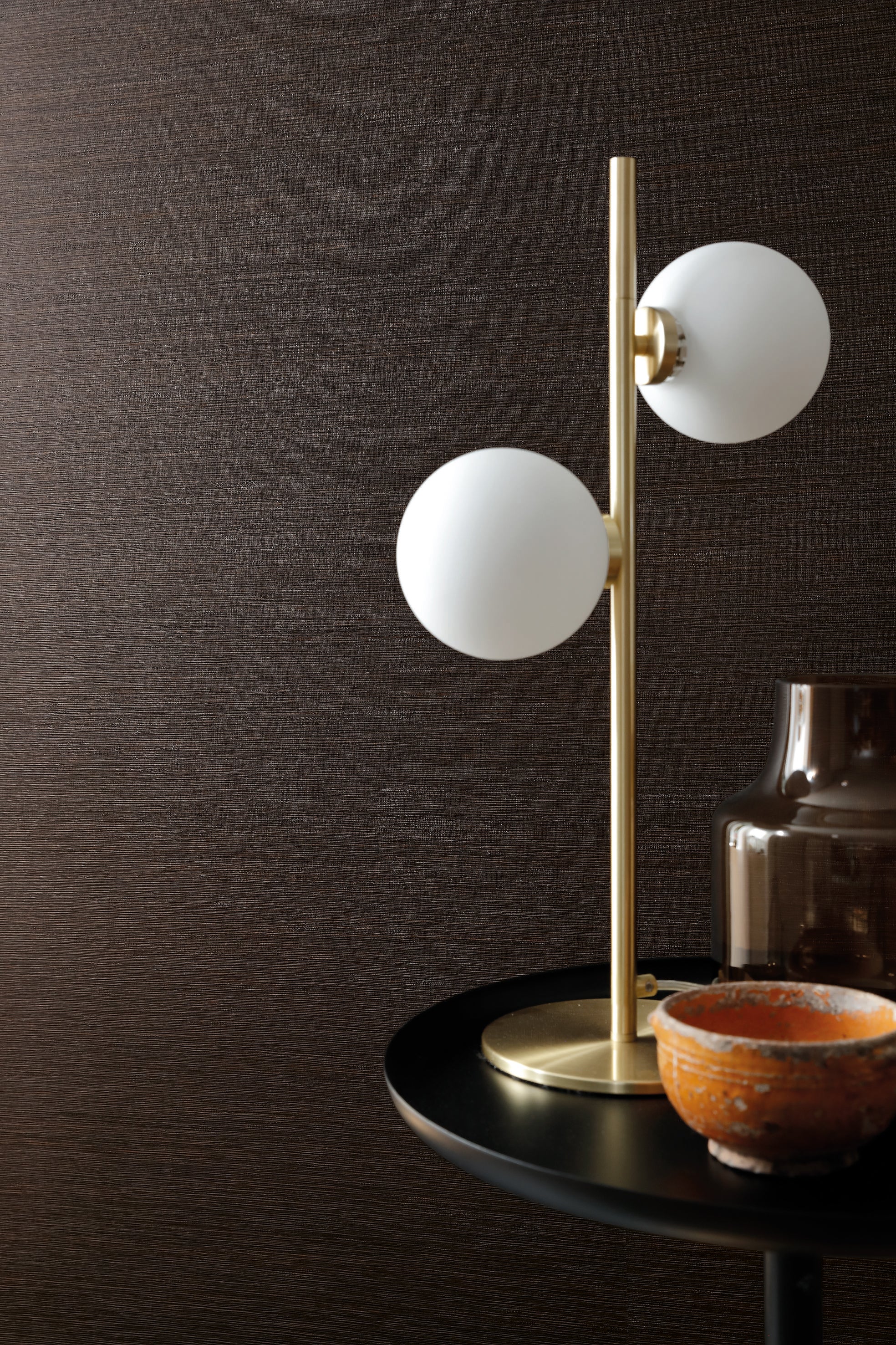 Malacca wallpaper by Casamance in Black – Ebony, styled room shot