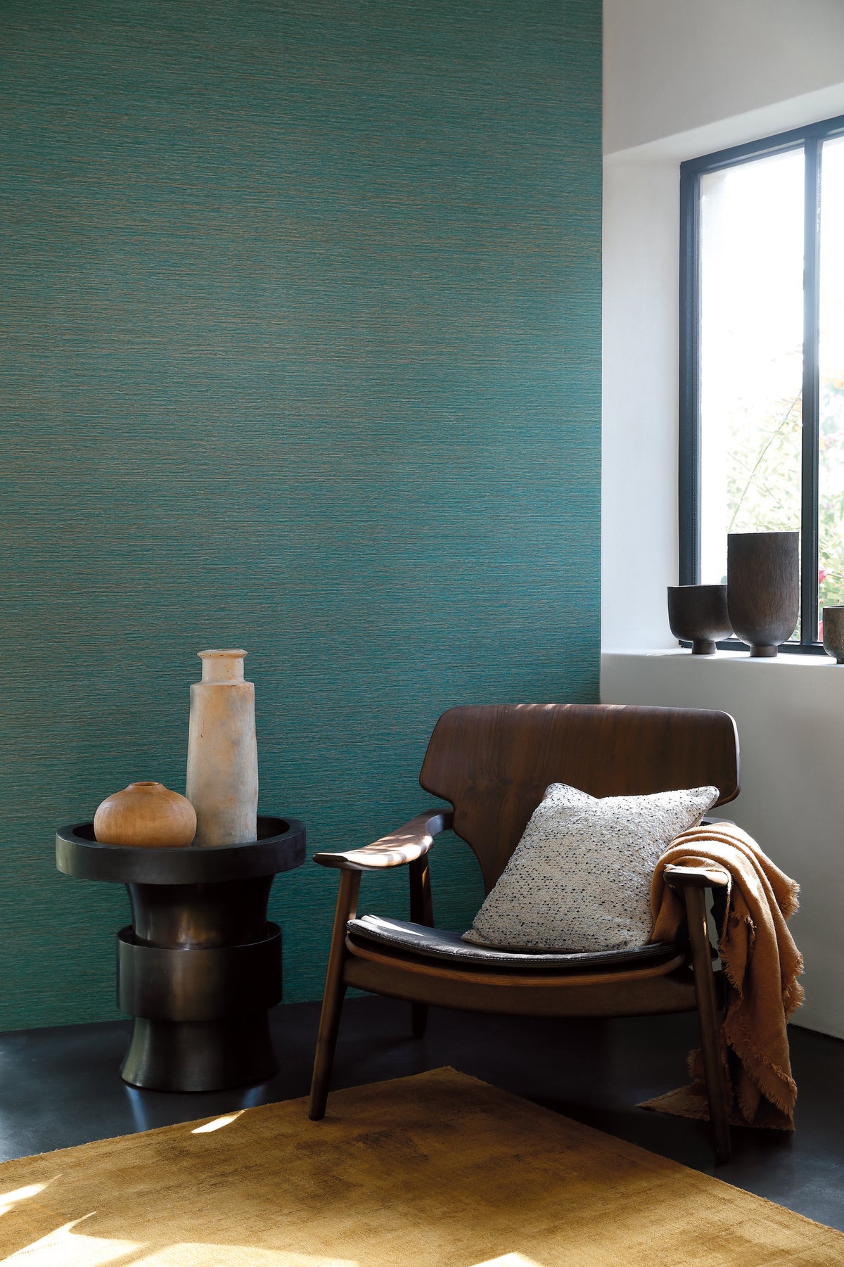 Malacca wallpaper by Casamance in Blue – Peacock, styled room shot