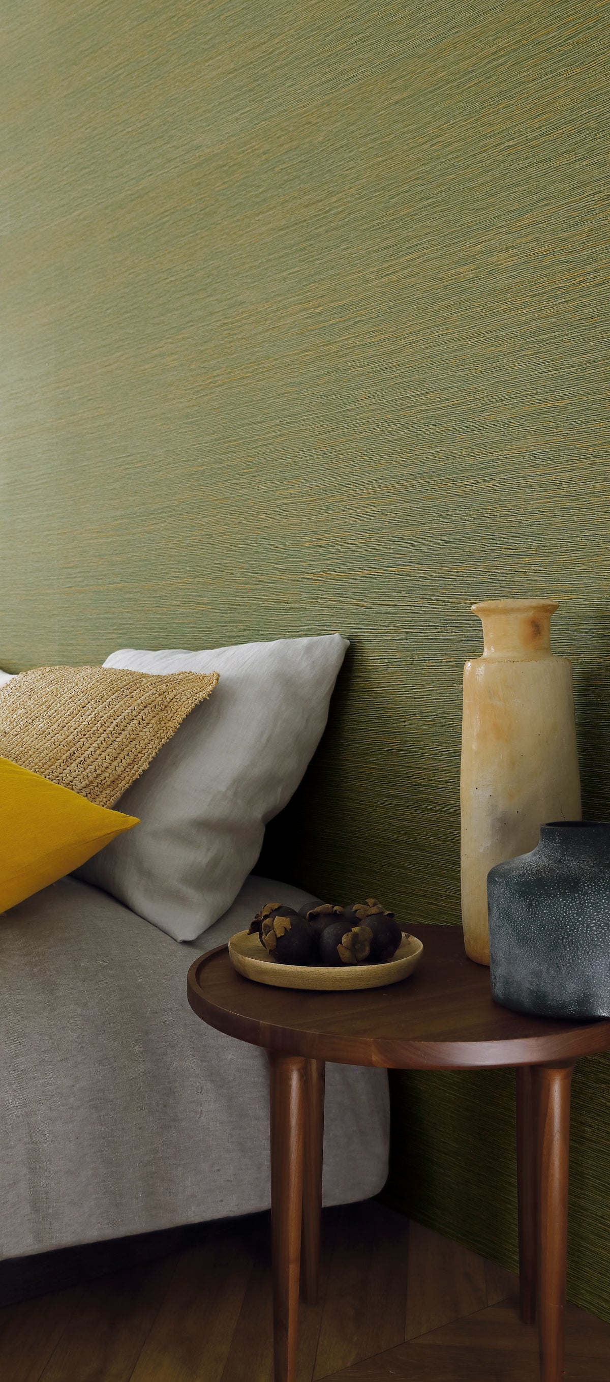 Malacca wallpaper by Casamance in Green – Cactus, styled room shot