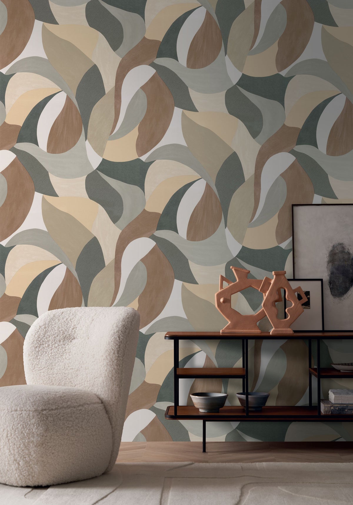 Mandorla wallpaper by Casamance in Beige – Sand & Ash Grey, styled room shot