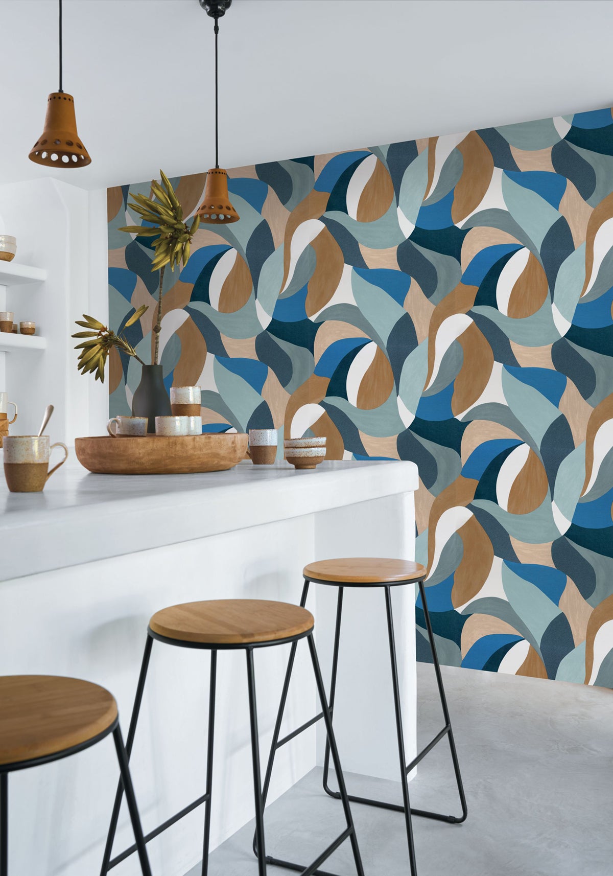 Mandorla wallpaper by Casamance in Blue – Bluestone & Camel, styled room shot